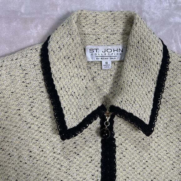 St John Collection Marie Gray Zip Cardigan Sweater Jacket Green Beige Size 10 - Picture 2 of 8